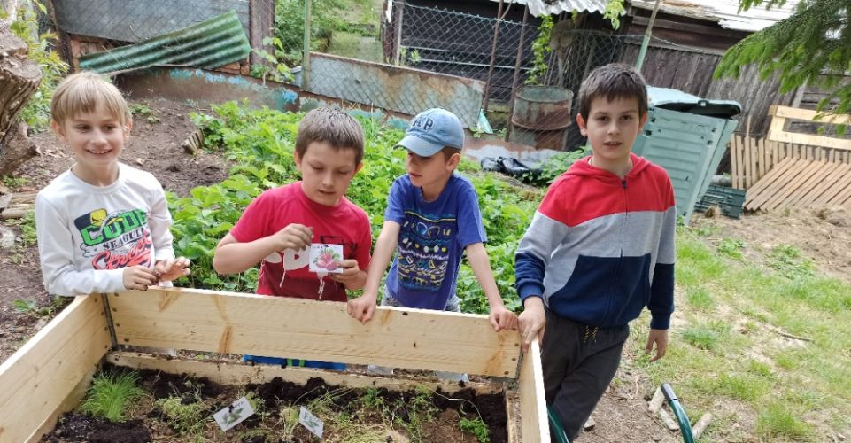 Budování vyvýšených záhonů a sázení bylinek v družinové zahrádce